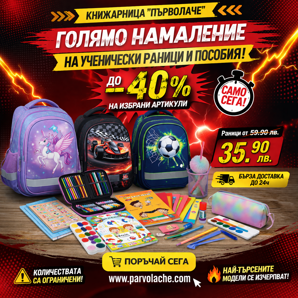 Разпродажба на ученически раници и пособия от Книжарница Първолаче