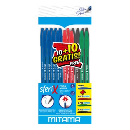 Химикалка Mitama - Sferix, 1 mm, 4 цвята, 10 + 10 броя